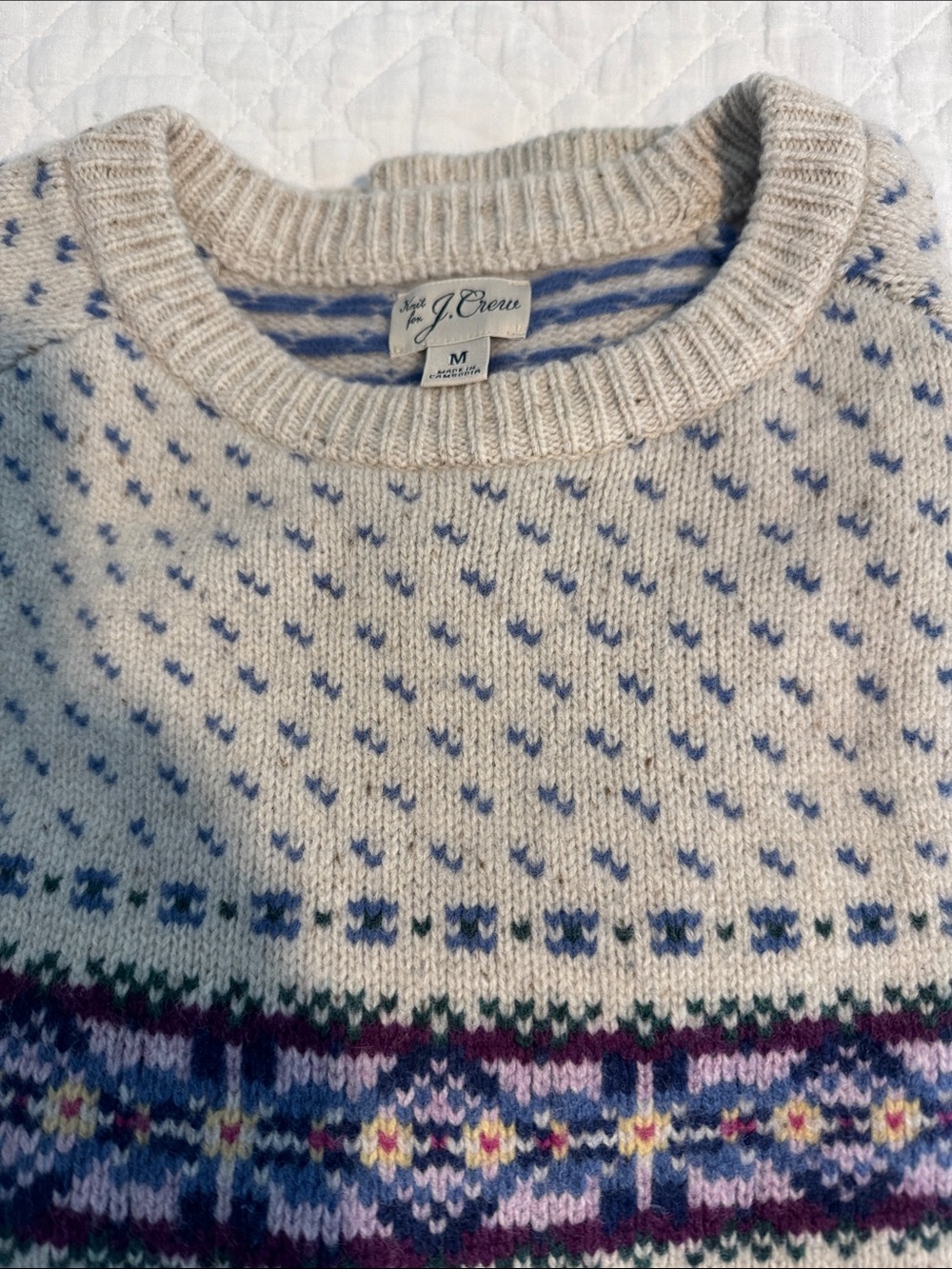 J. Crew Cream Sweater with Blue & Multicolor Fair Isle Band 98% Merino Wool.